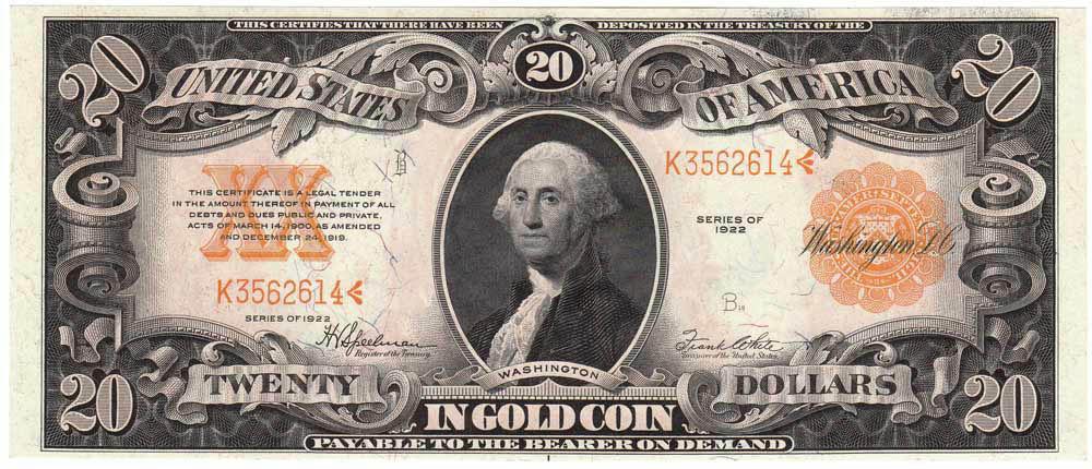1497800 1922 Twenty Dollar Bill. Gold Certificate